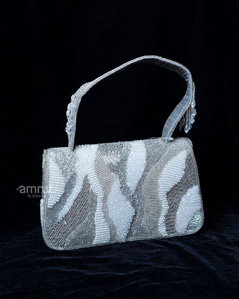 Silver-Gray Abstract Beaded Handbag with White Accents 01