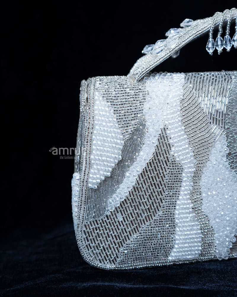 Silver-Gray Abstract Beaded Handbag with White Accents 02