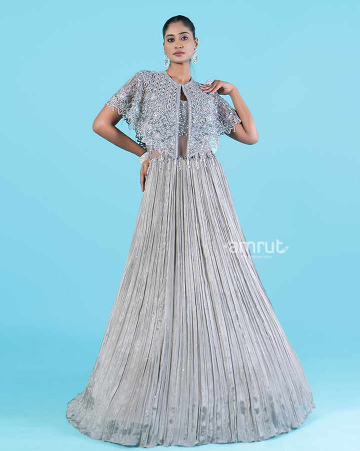 Silver-Gray Embellished Cape with Crop Choli and Pleated Lehenga 04