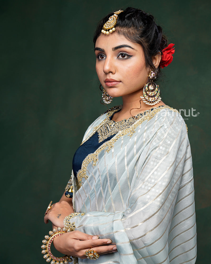 Silver Chiffon Saree With Hand Embroidery Sequin