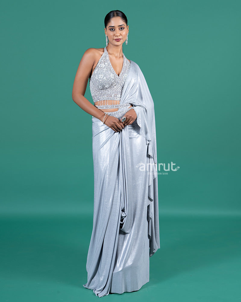Silver Ready-to-Wear Saree with Embellished Halter Blouse and Ruffle Pallu 01