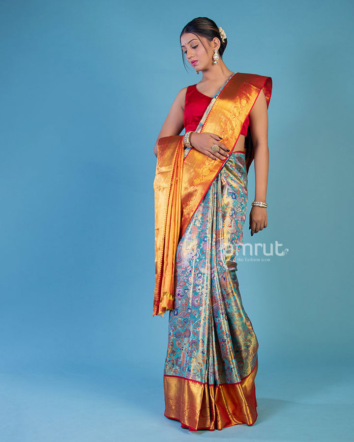 Sky Blue Banarasi Silk Floral Saree With Unstitched Blouse