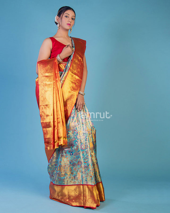 Sky Blue Banarasi Silk Floral Saree With Unstitched Blouse