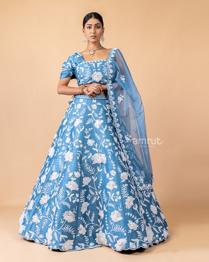 Sky Blue Floral Printed Unstitched Lehenga With Dupatta