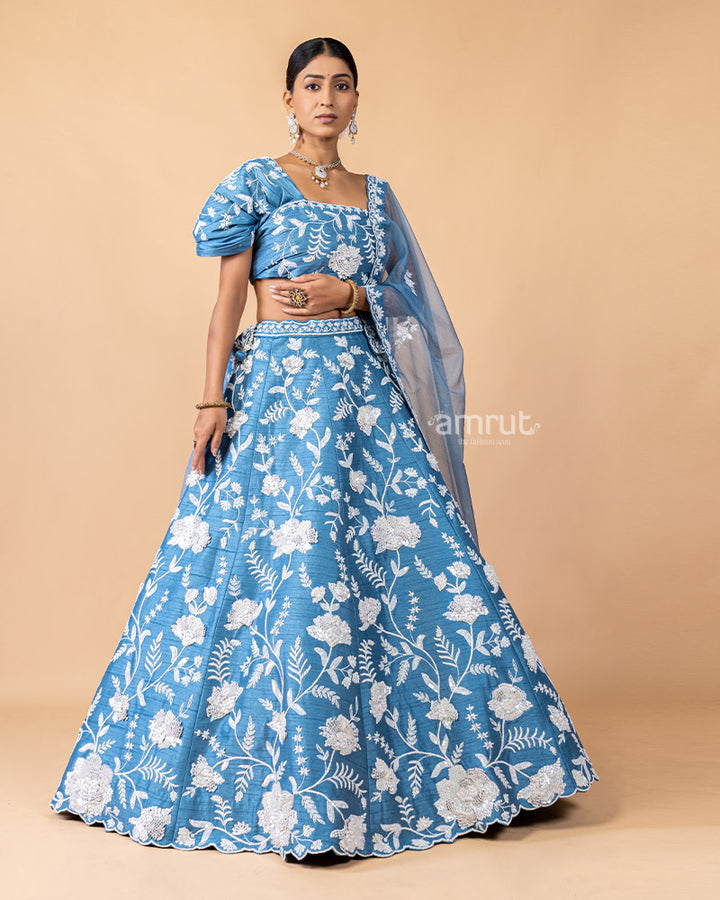 Sky Blue Floral Printed Unstitched Lehenga With Dupatta