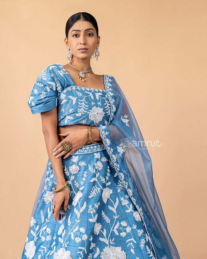 Sky Blue Floral Printed Unstitched Lehenga With Dupatta