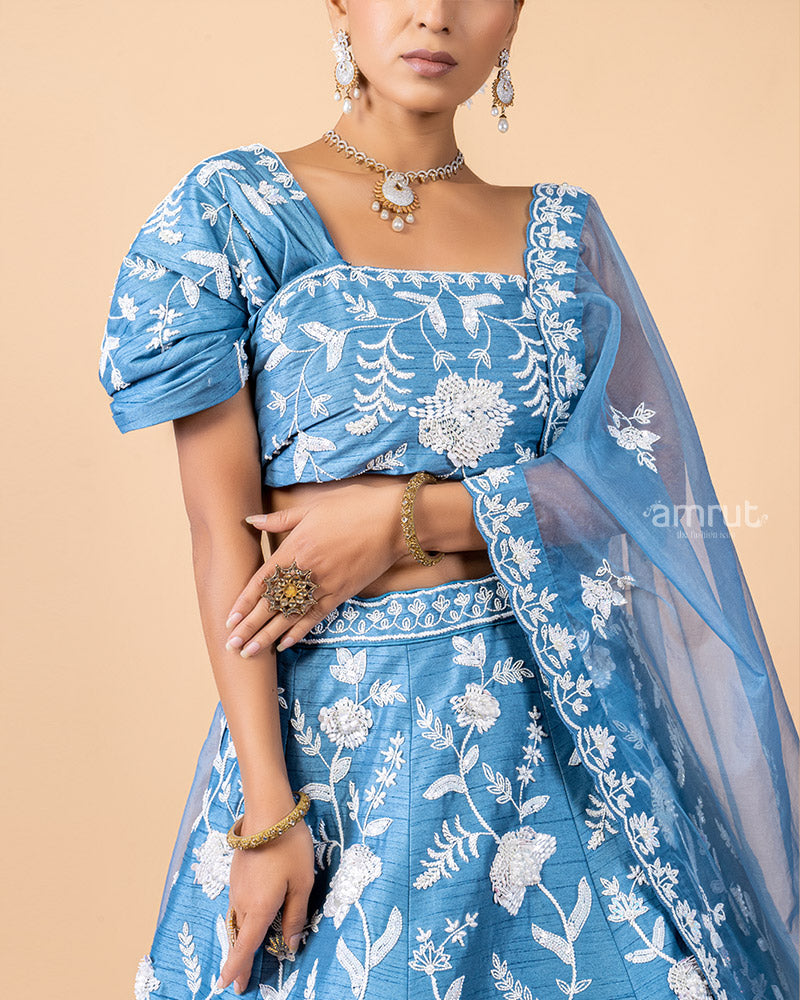 Sky Blue Floral Printed Unstitched Lehenga With Dupatta