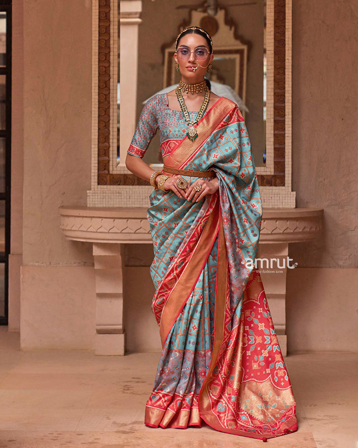 Sky Blue Patola Saree With Unstitched Blouse