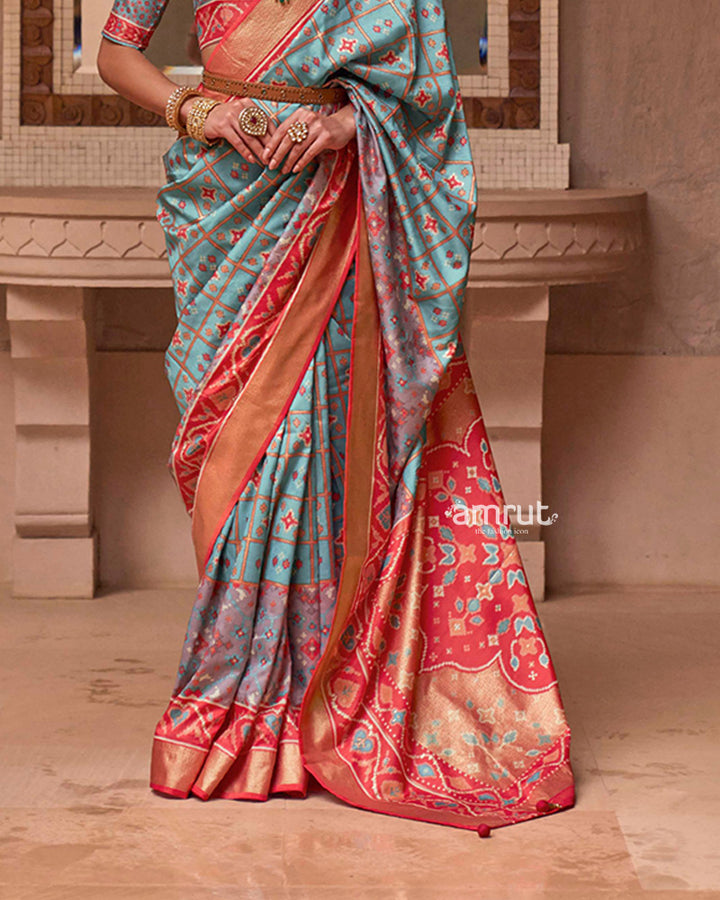 Sky Blue Patola Saree With Unstitched Blouse