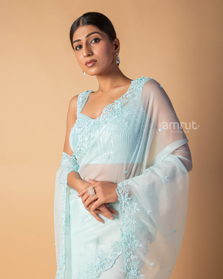 Sky Blue Pearl Embroidered Organza Saree With Stitched Blouse