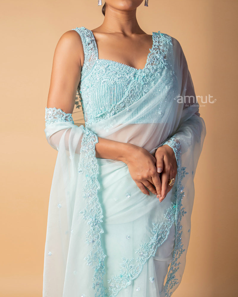 Sky Blue Pearl Embroidered Organza Saree With Stitched Blouse