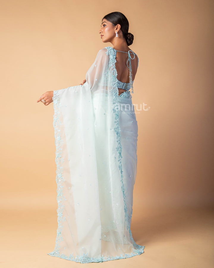 Sky Blue Pearl Embroidered Organza Saree With Stitched Blouse