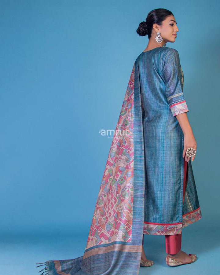 Sky Blue Printed Kurta and Pant Set in Pure Cotton With Dupatta