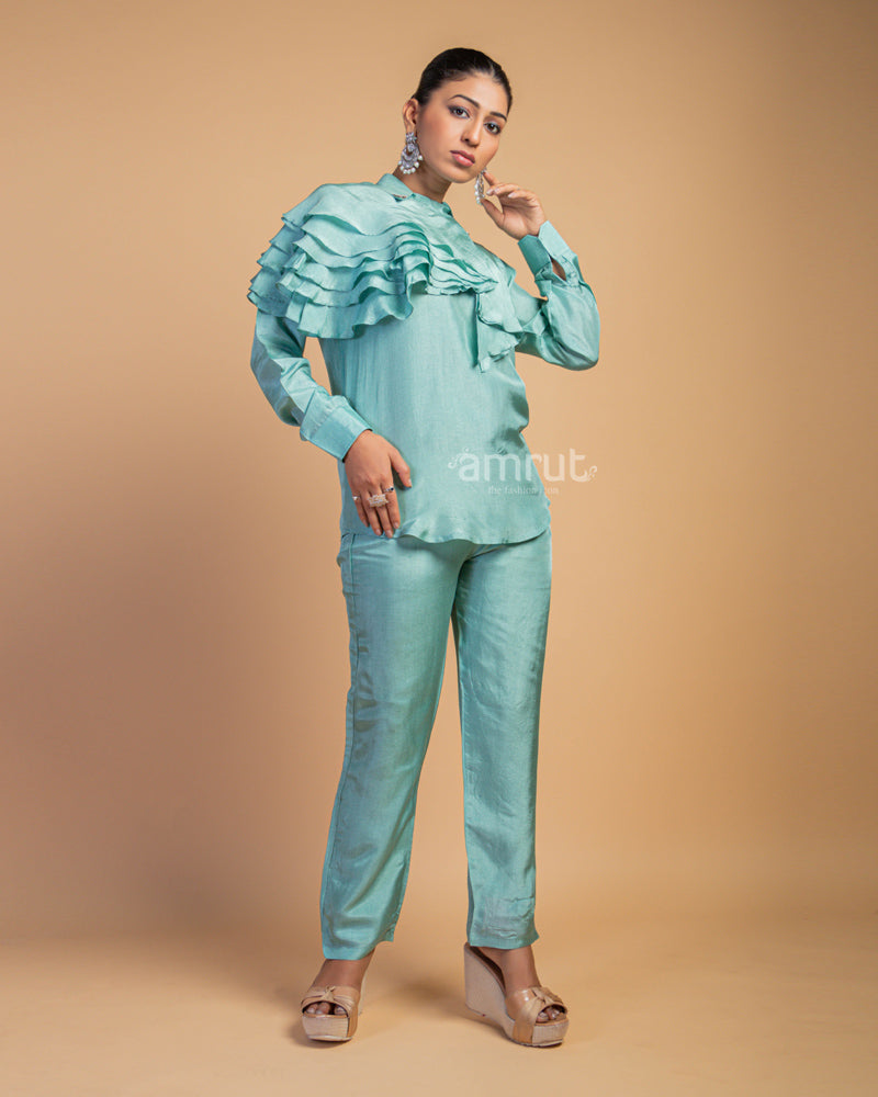 Sky Blue Ruffle Inflated Collar Style Co-ord Set for Casual Look