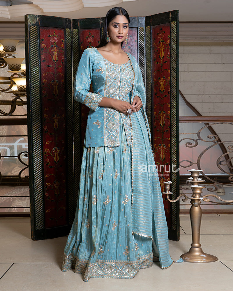Sky Blue Embroidered Lehenga Set with Jacket-Style Top and Dupatta 01