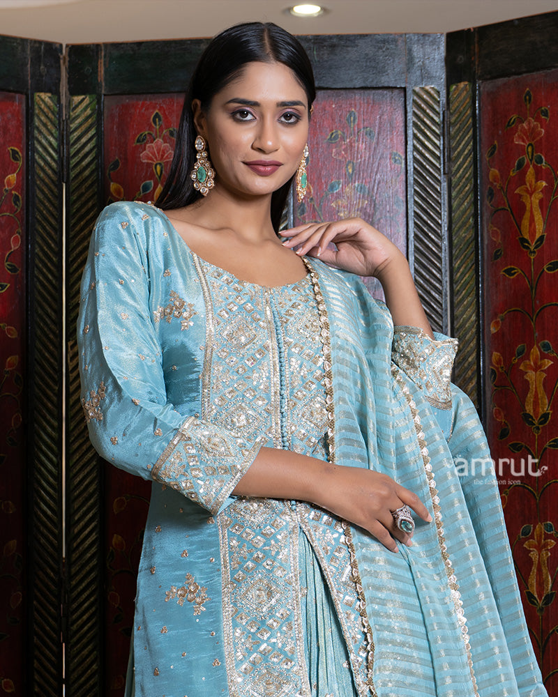 Sky Blue Embroidered Lehenga Set with Jacket-Style Top and Dupatta 02