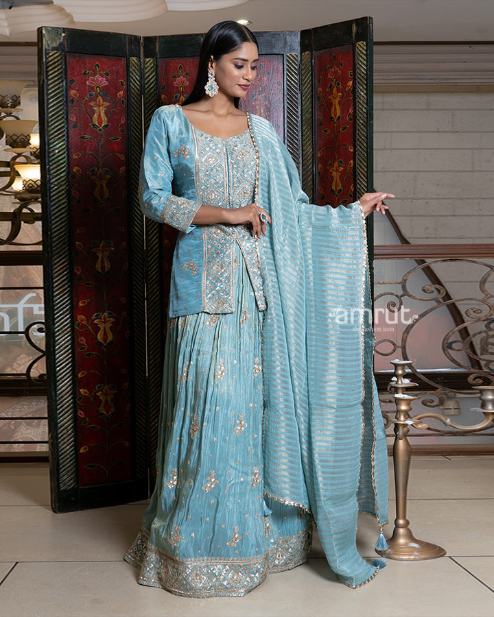 Sky Blue Embroidered Lehenga Set with Jacket-Style Top and Dupatta 04