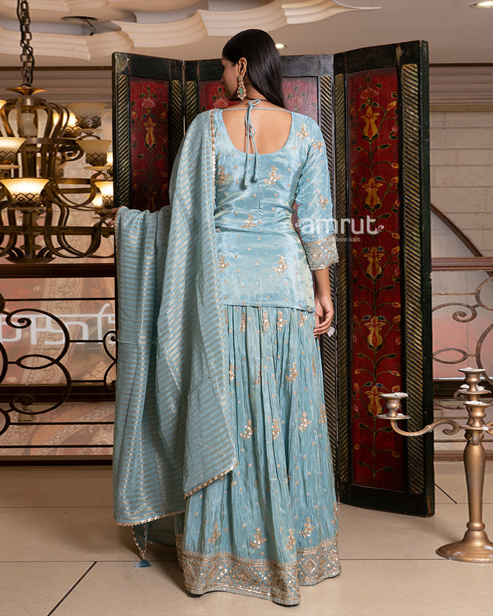 Sky Blue Embroidered Lehenga Set with Jacket-Style Top and Dupatta 05
