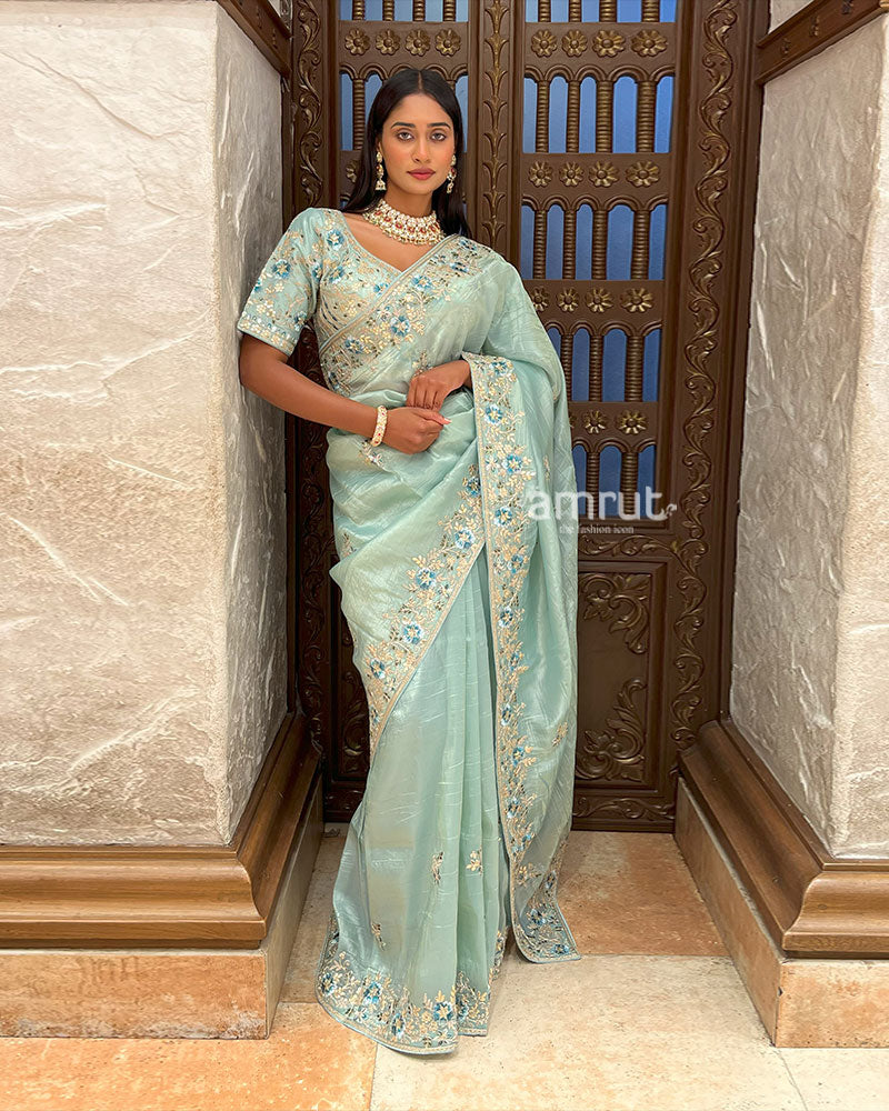 Sky Blue Embroidered Organza Saree with Stitched Blouse 01