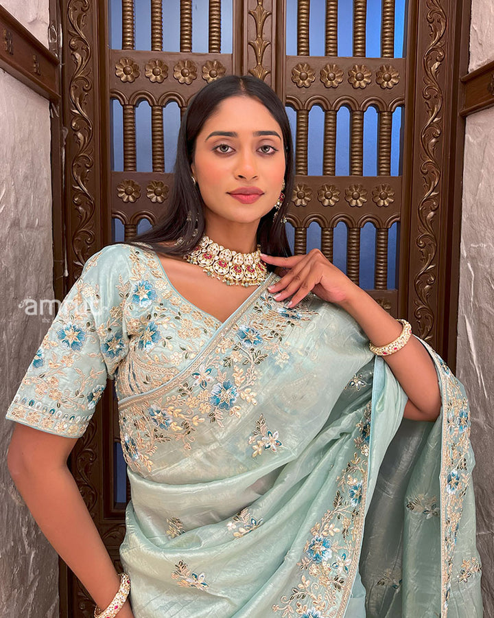 Sky Blue Embroidered Organza Saree with Stitched Blouse 04