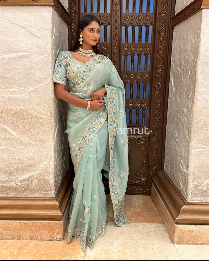 Sky Blue Embroidered Organza Saree with Stitched Blouse 05