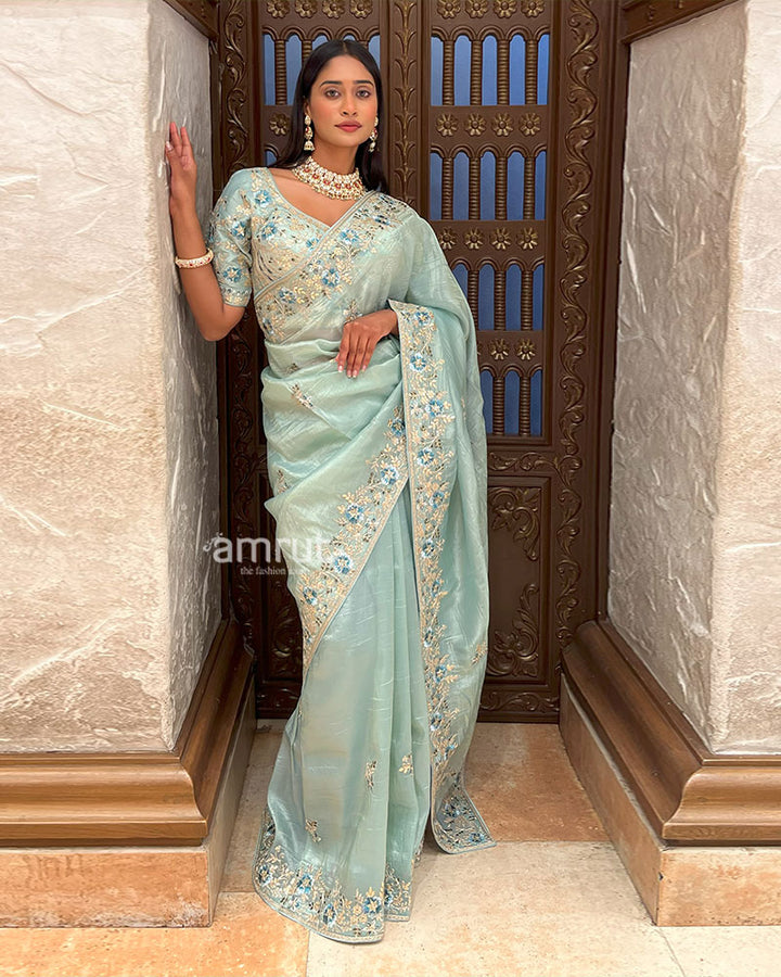 Sky Blue Embroidered Organza Saree with Stitched Blouse 06