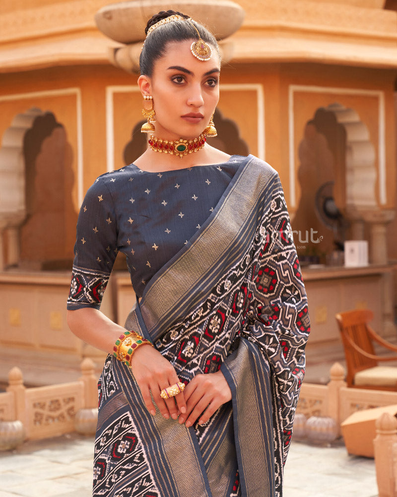 Slate Grey Overall Ikat Printed Silk Saree With Zari Woven Pallu