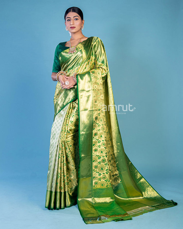 Slimy Green Banarasi Saree With Unstitch Blouse