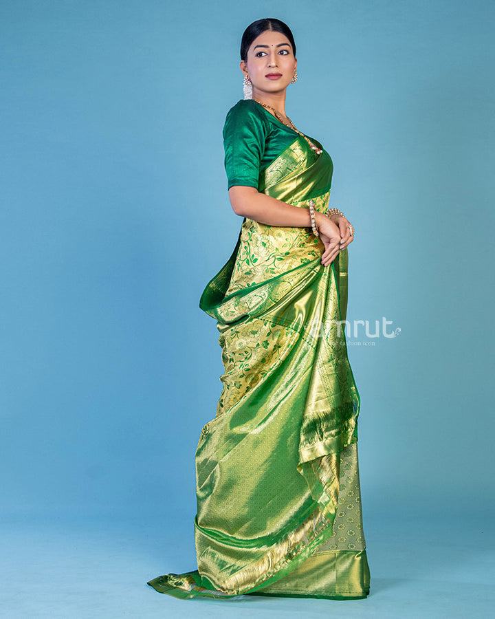 Slimy Green Banarasi Saree With Unstitch Blouse