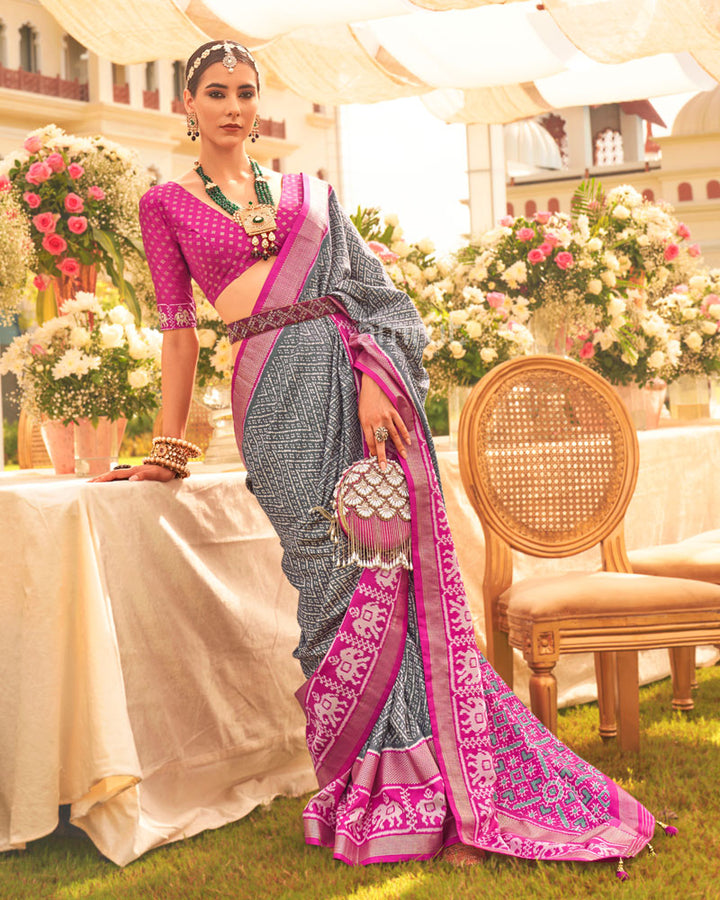 Smokey Grey Silk Saree With Contrast Ikat Weave Woven Pallu