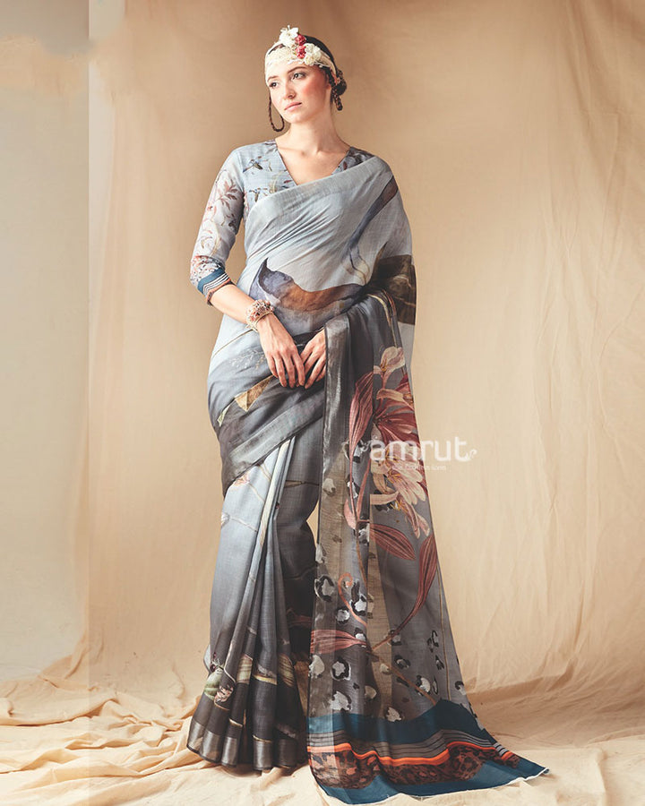 Smoky Grey Abstract Printed Saree with Unstitched Blouse 01
