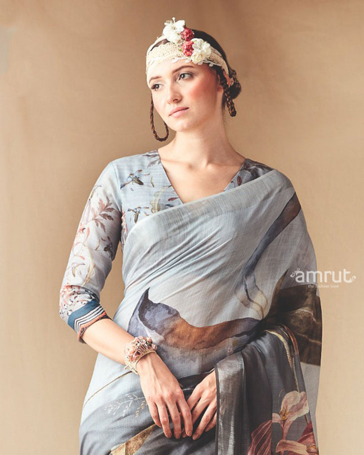 Smoky Grey Abstract Printed Saree with Unstitched Blouse 02