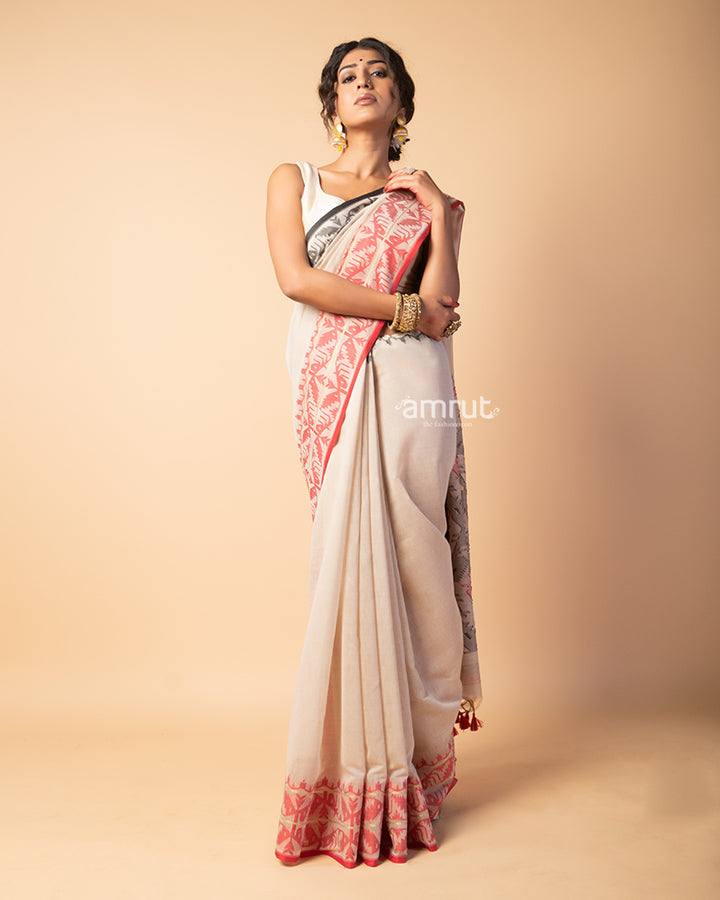 Soft Amber Printed Saree With Unstitched-Blouse