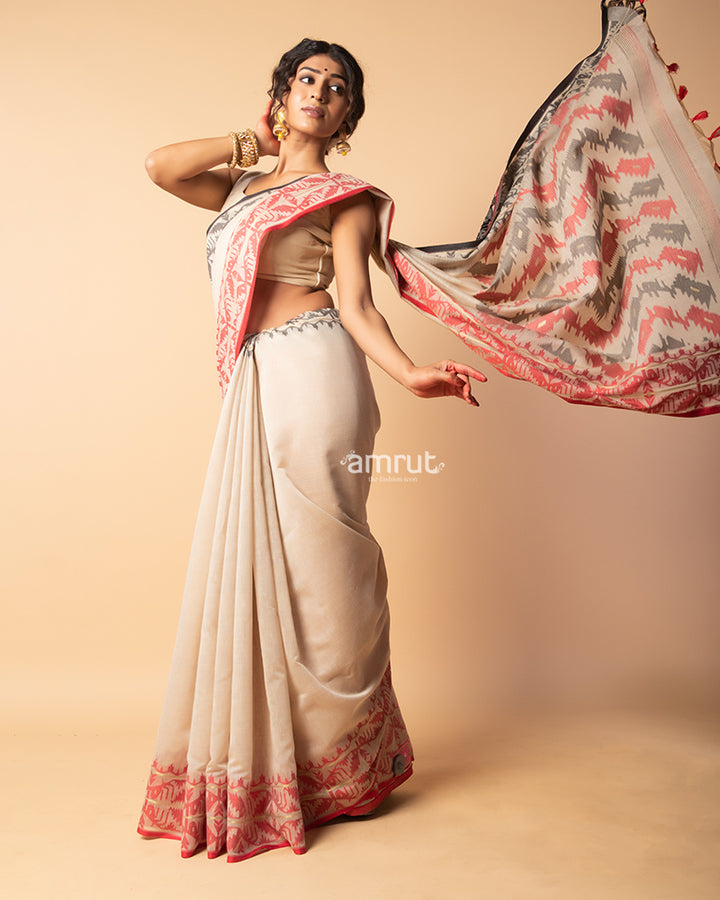 Soft Amber Printed Saree With Unstitched-Blouse