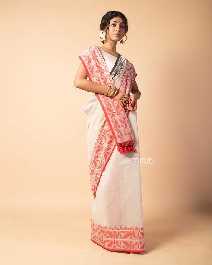 Soft Amber Printed Saree With Unstitched-Blouse