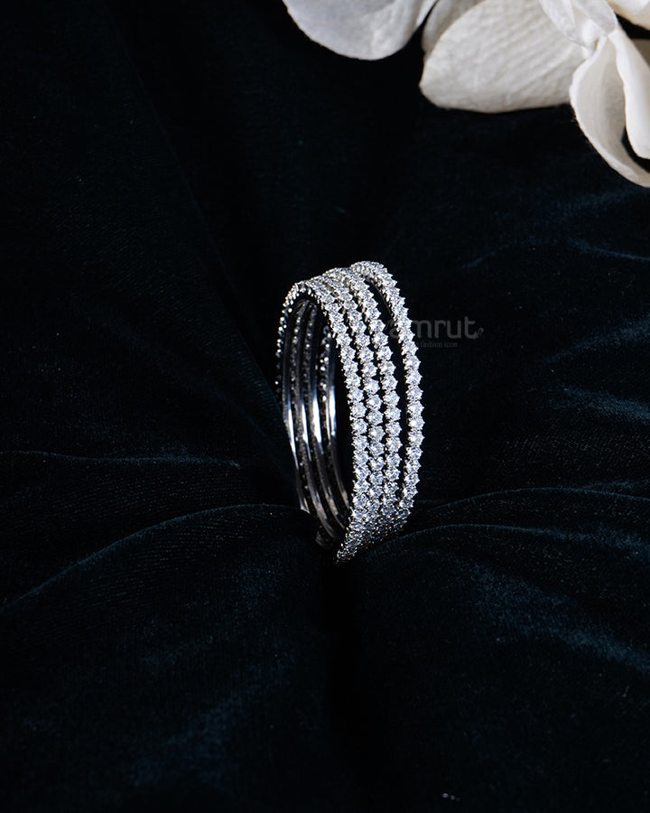 Sparkling Diamond-Set with Curved Design Silver Bangles Set 01