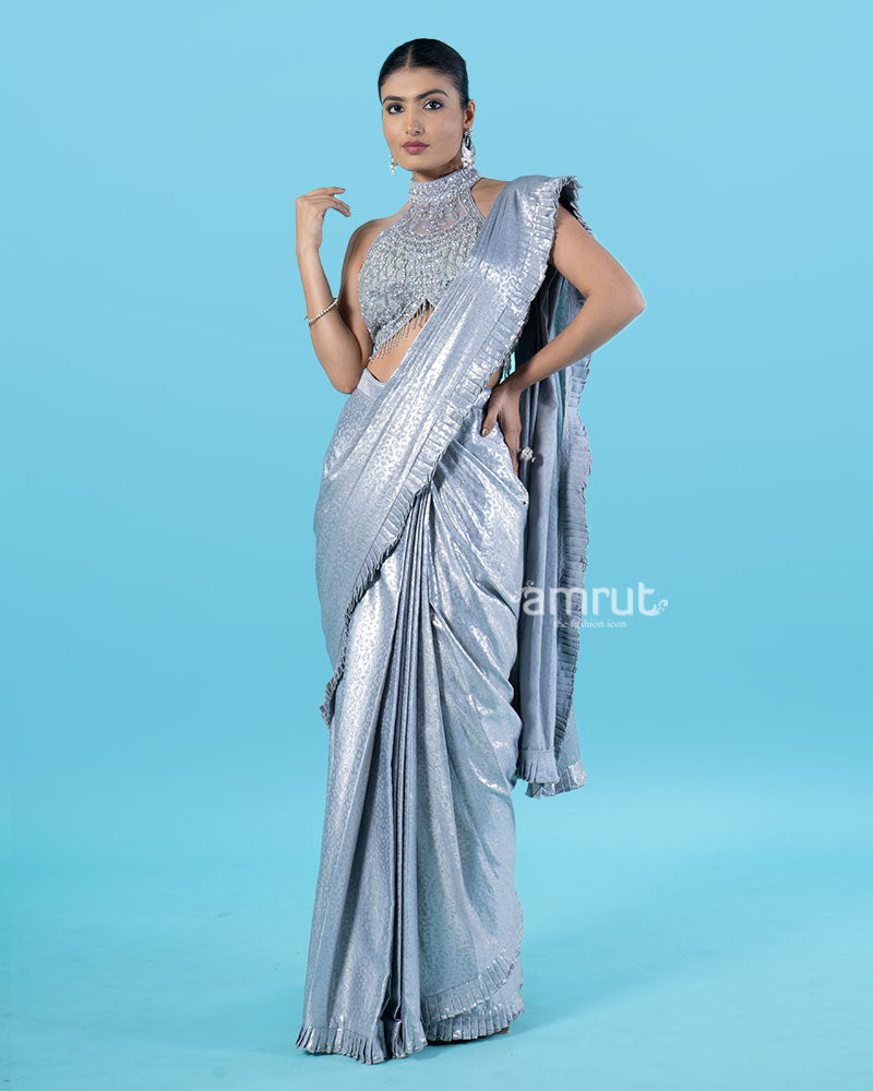 Sparkly Silver Pre-Draped Saree with Metal Mesh Halter Blouse 01
