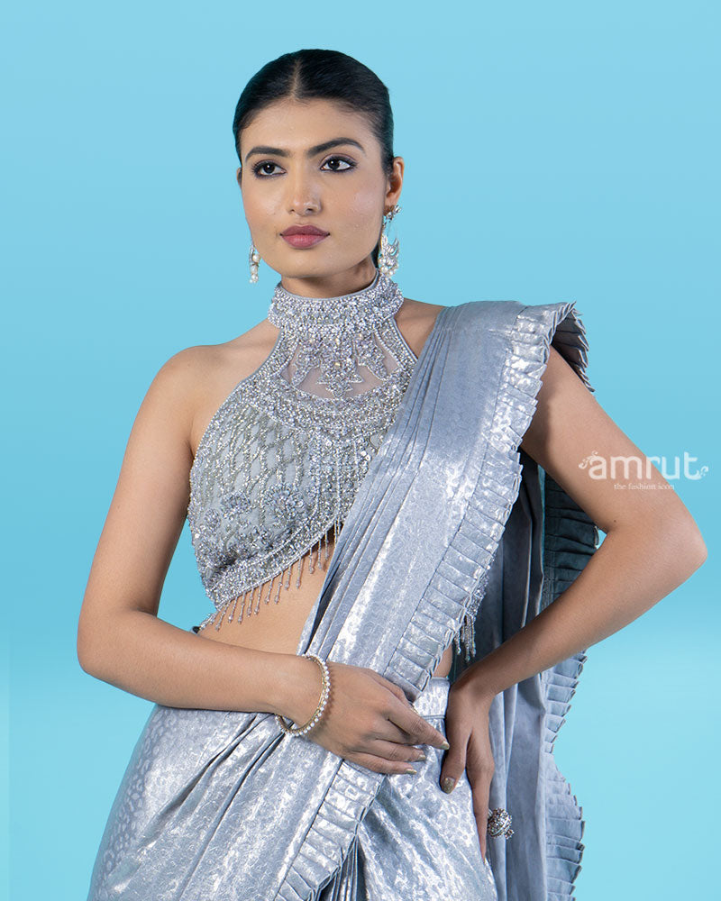 Sparkly Silver Pre-Draped Saree with Metal Mesh Halter Blouse 02