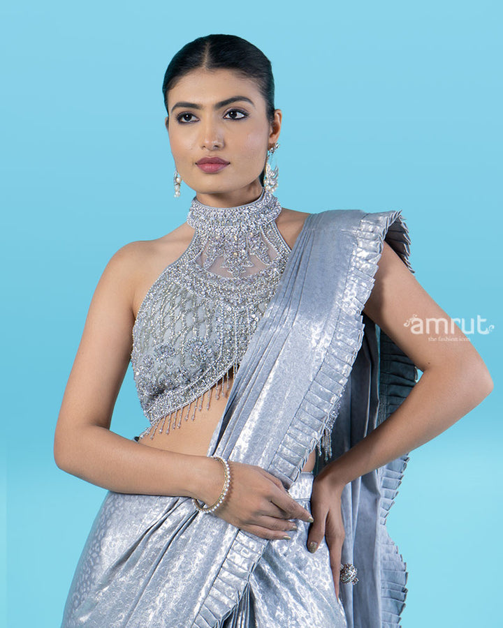 Sparkly Silver Pre-Draped Saree with Metal Mesh Halter Blouse 02