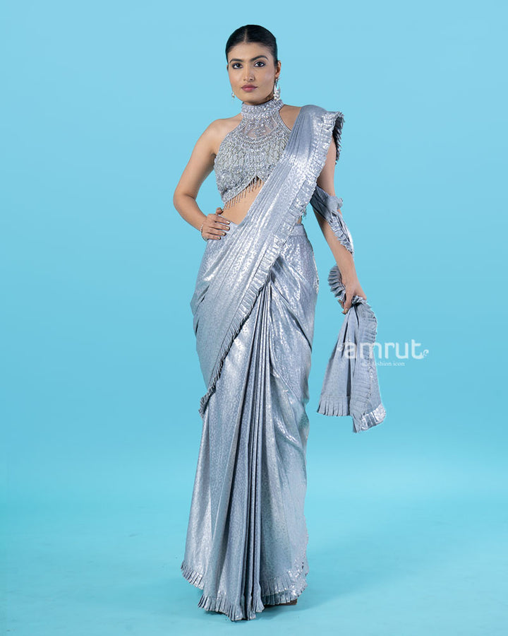 Sparkly Silver Pre-Draped Saree with Metal Mesh Halter Blouse 04