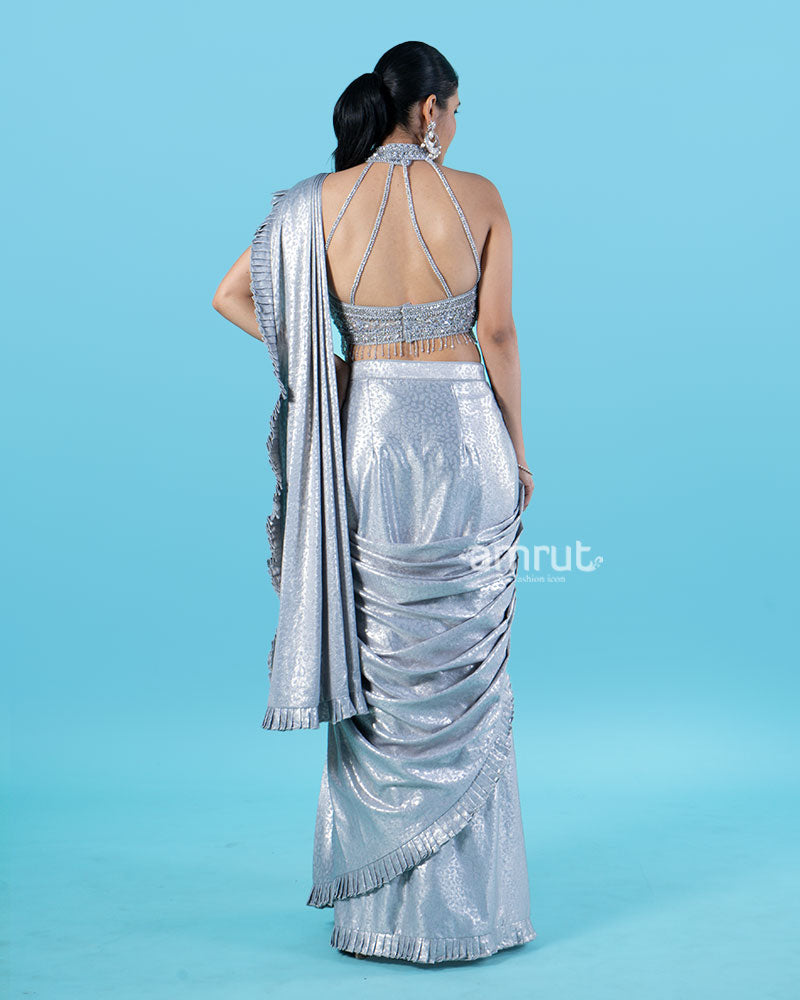 Sparkly Silver Pre-Draped Saree with Metal Mesh Halter Blouse 05