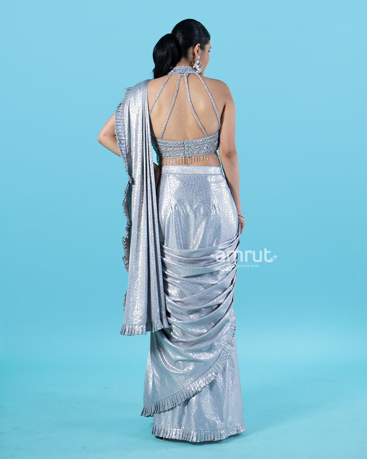 Sparkly Silver Pre-Draped Saree with Metal Mesh Halter Blouse 05