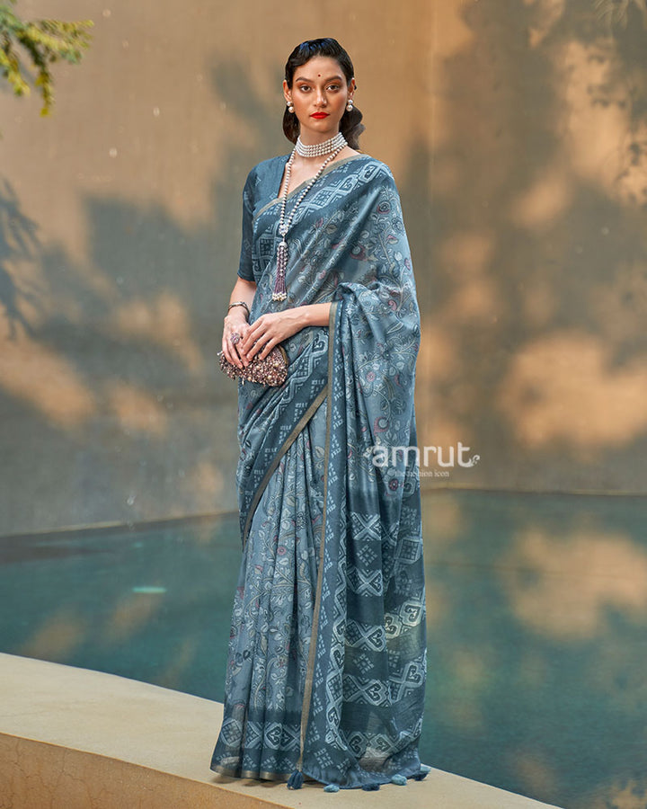 Steel Blue Floral Printed Cotton Saree with Unstitched Blouse 01