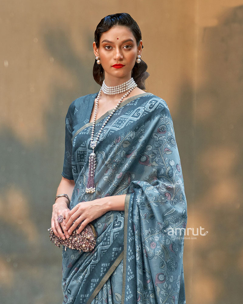 Steel Blue Floral Printed Cotton Saree with Unstitched Blouse 02