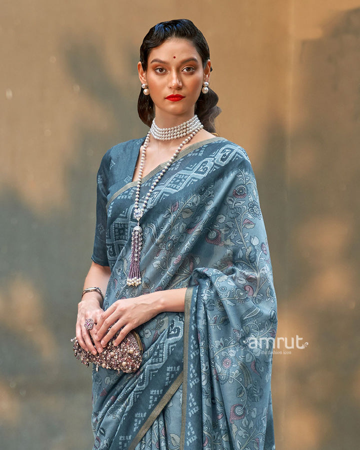 Steel Blue Floral Printed Cotton Saree with Unstitched Blouse 02