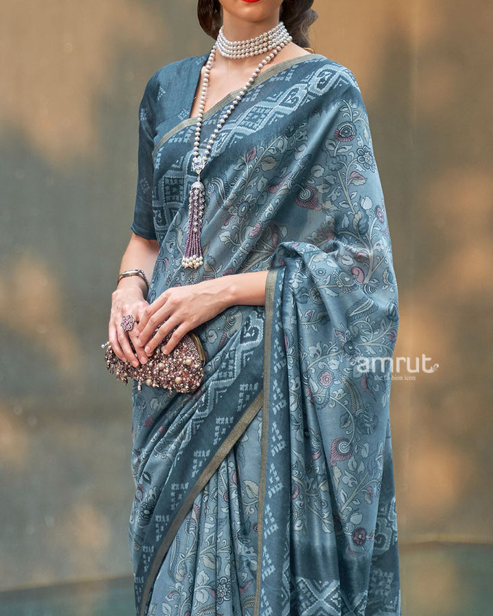 Steel Blue Floral Printed Cotton Saree with Unstitched Blouse 03
