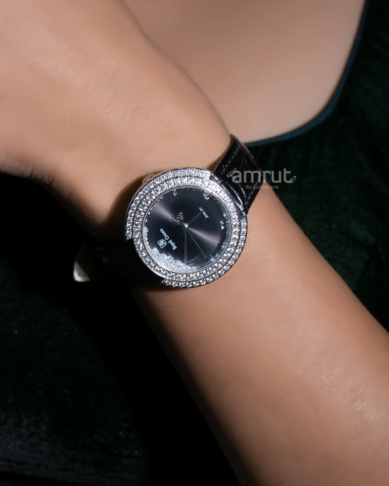 Sterling Silver Cubic Zirconia Stone Studded Black Strap Watch