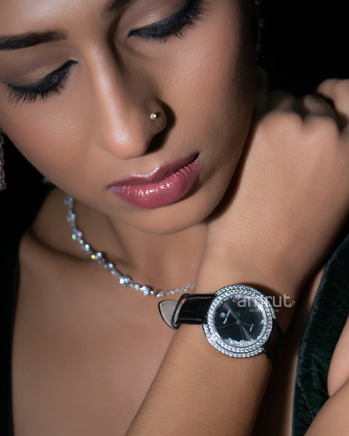 Sterling Silver Cubic Zirconia Stone Studded Black Strap Watch