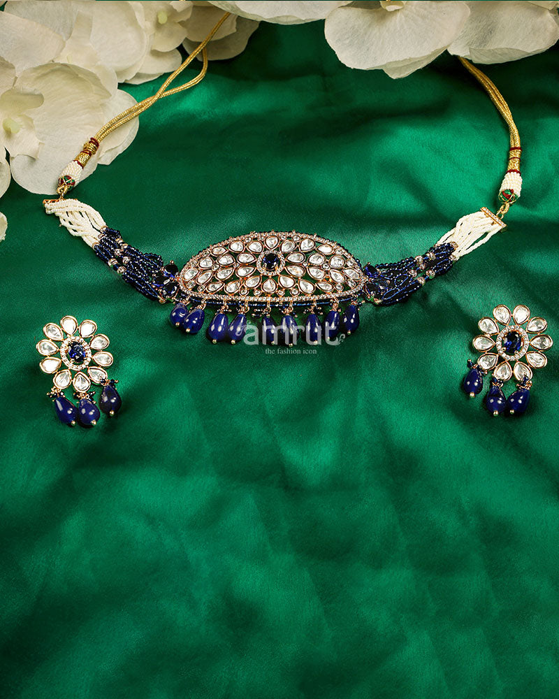 Stone Studded and Sapphire Blue Pearl Necklace With Statement Earrings