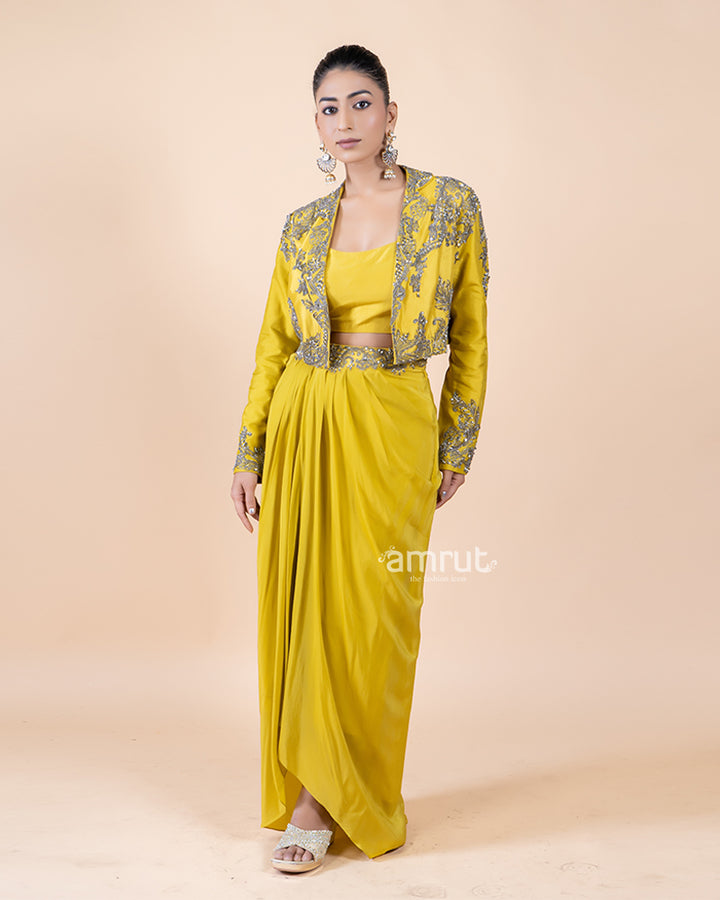 Sunny Yellow Drape Skirt Set with Matching Top and Graceful Jacket(01)